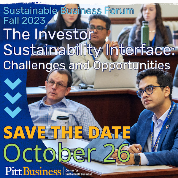 text "Sustainable Business Forum Fall 2023, The Investor Sustainability Interface: Challenges and Opportunities. Save the Date: October 26" on diverse group of people listening to a speaker in an academic lecture hall