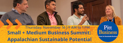 text "Thursday, November 16, 9 AM to 1 PM. Small + Medium Business Summit: Appalachian Sustainable Potential" on 4 people on a panel.